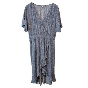J.Crew Mercantile Navy Floral High Low Faux Wrap Dress Womens Large Short Sleeve